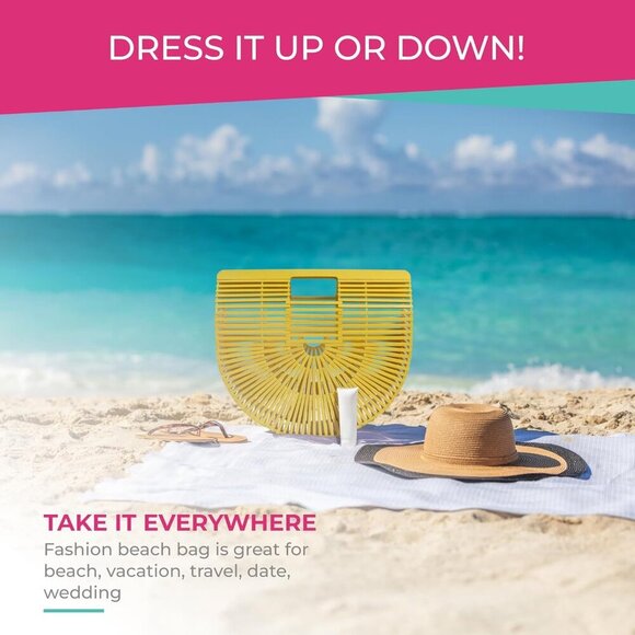 Women's Bamboo Handbag, Yellow, Handmade Tote for Summer, Great Gift for Birthda - Picture 4 of 7